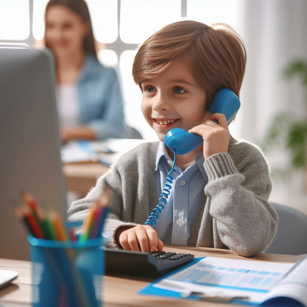A child talking on the phone in a call center support room تماس با ما